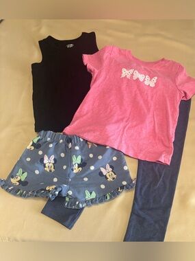 Lot of 4 - Girl's Outfit Leggings Shorts Disney Minnie Pink Black Blue 3T & 4T